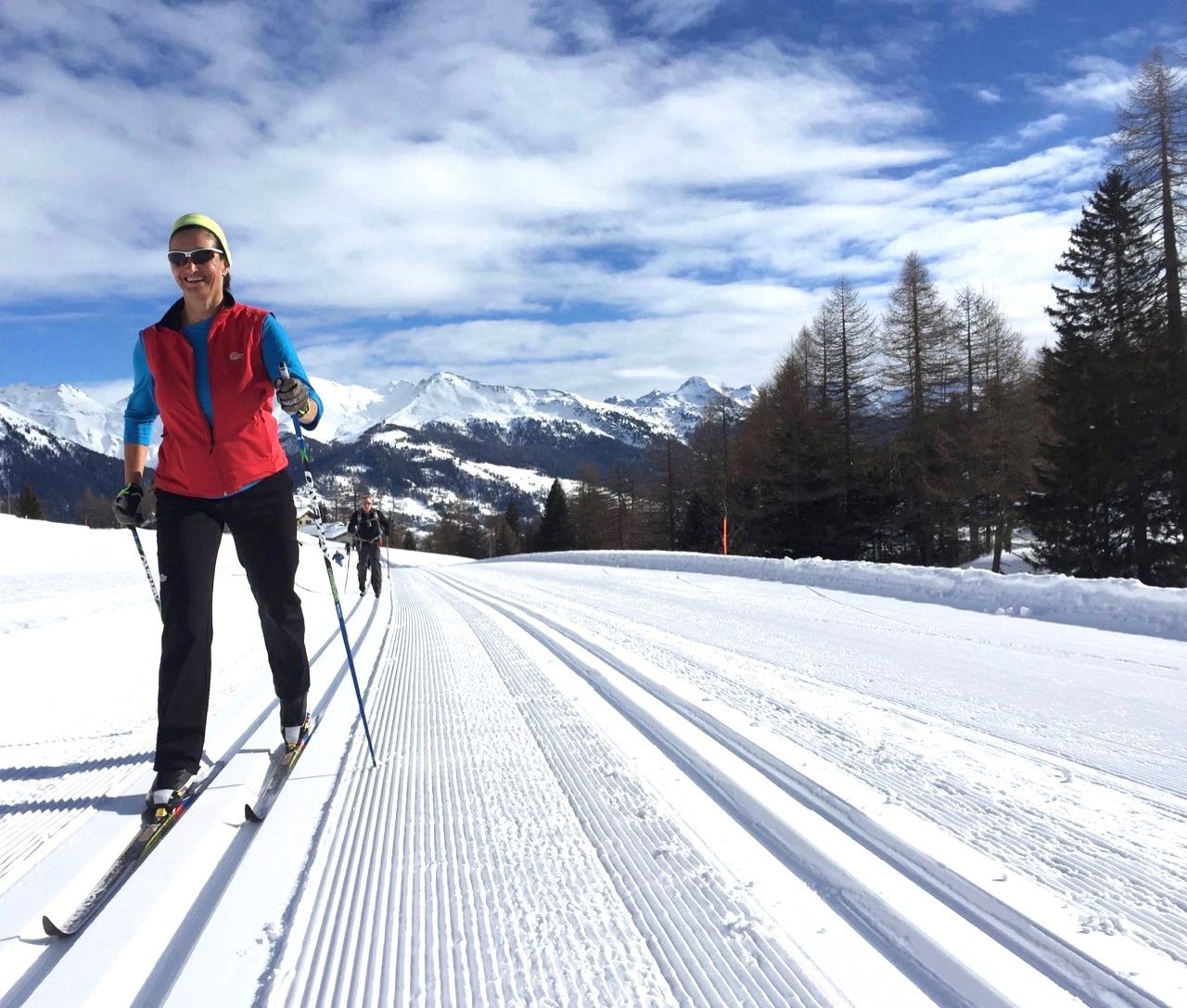 Perfect snow conditions for cross-country skiing. The ski tracks are &#039;pressed&#039; each day by grooming machines creating a smooth surface.