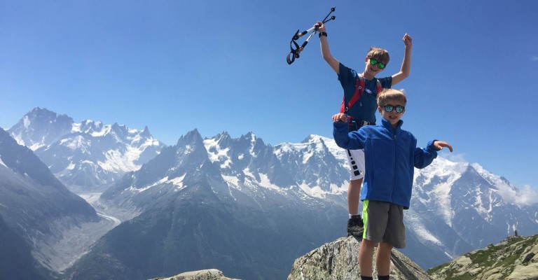 Family Tour du Mont Blanc - the boys give their opinion in front of the Mont Blanc chain