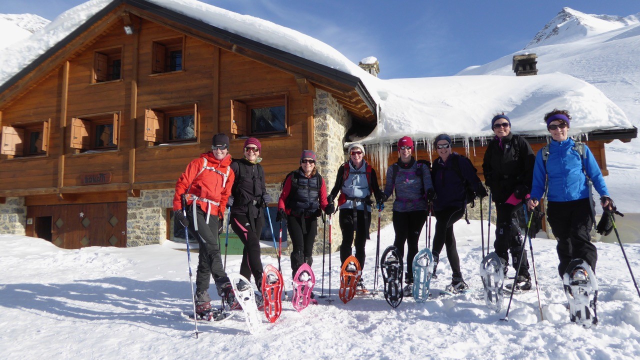 Snowshoes at the ready outside the Bonatti hut in Italy.